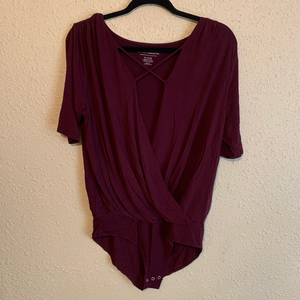 Maroon Short Sleeve Criss Cross Deep V Bodysuit